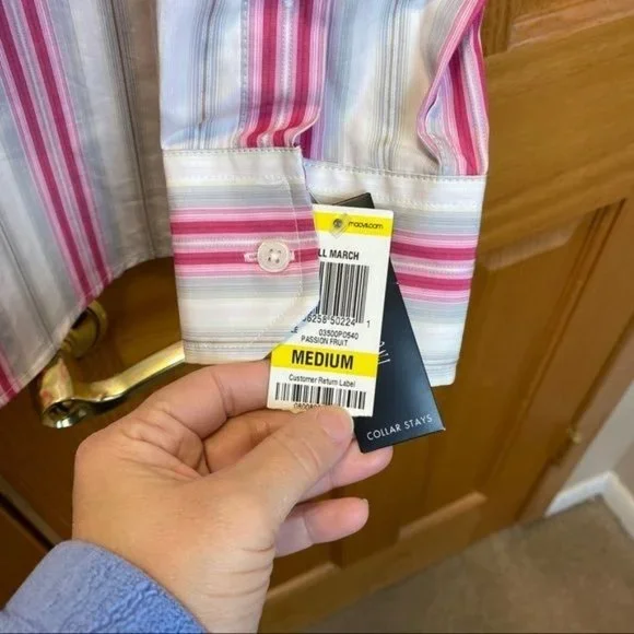 INC International Concepts Pink White Stripe Button Up Long Sleeve Shirt Size M - Picture 4 of 4